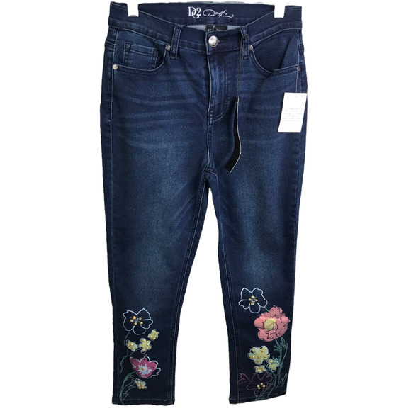 DG2 Diane Gilman Women's Skinny Jeans Floral Embroidered Dark Wash Cotton 4T NWT - Picture 1 of 9